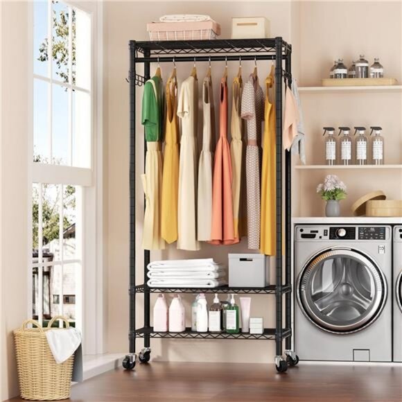 Heavy Duty Clothes Rack Rolling Garment Rack,3 Tier Adjustable Wire Shelving - Picture 6 of 7